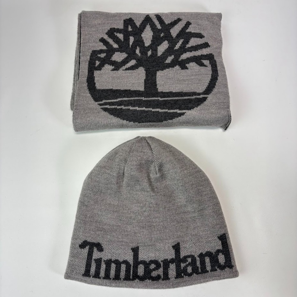 Timberland Men's Scarf & Reversible Beanie Hat Grey Big Logo 2022 Street NWOT